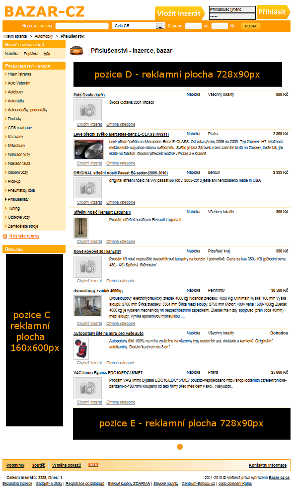 reklamní plochy ve výpisu kategorií/podkategorií