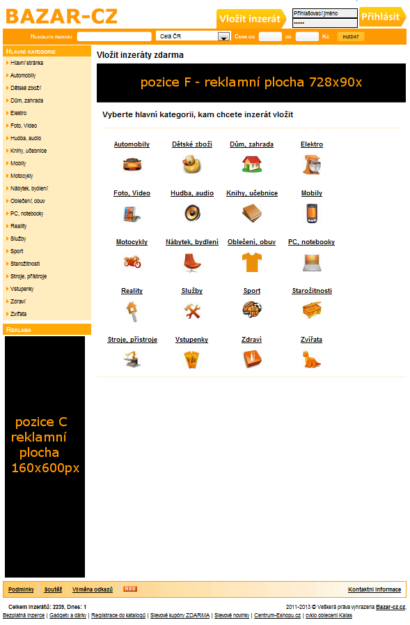 reklamní plochy na stránce s přidáním inzerátu